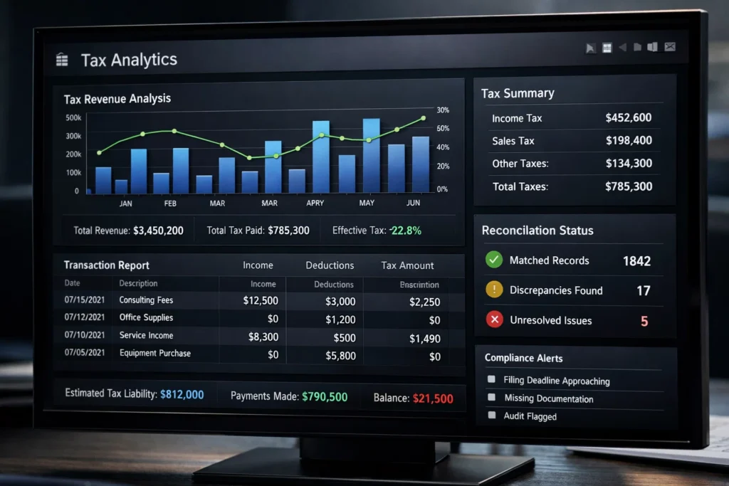 GST reconciliation data dashboard showing financial matching and analytics GST reconciliation data dashboard showing financial matching and analytics