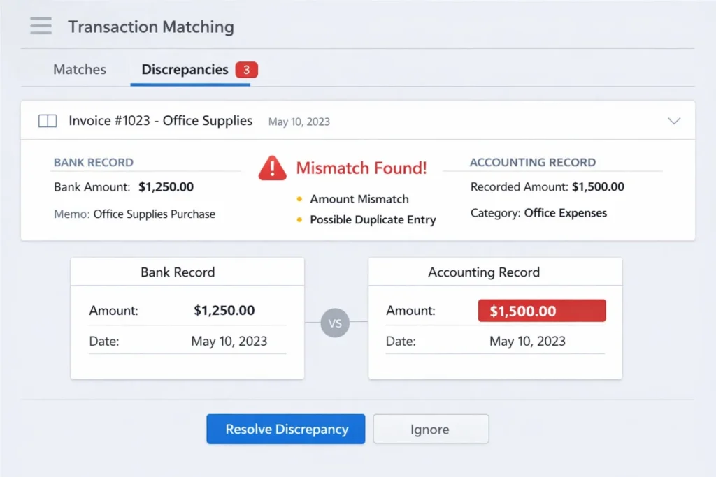gstre2 Accounting software interface showing transaction reconciliation and mismatch detection