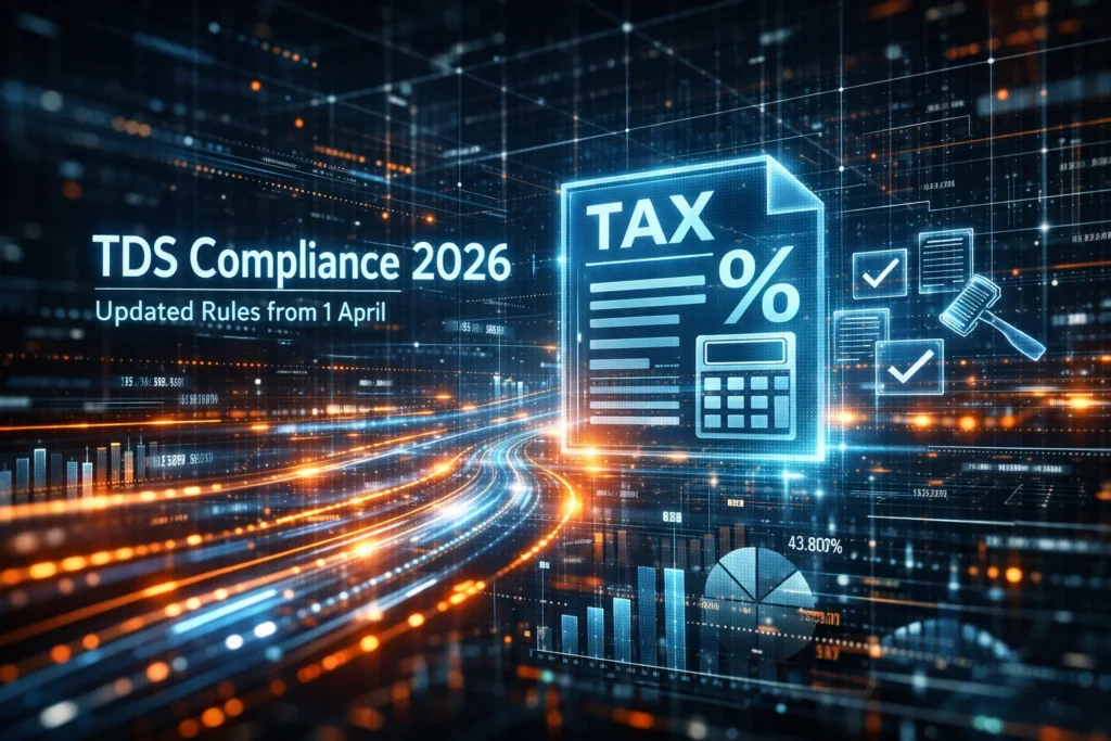 TDS compliance in India 2026 with futuristic financial data streams and digital tax system interface showing updated rules from 1 April