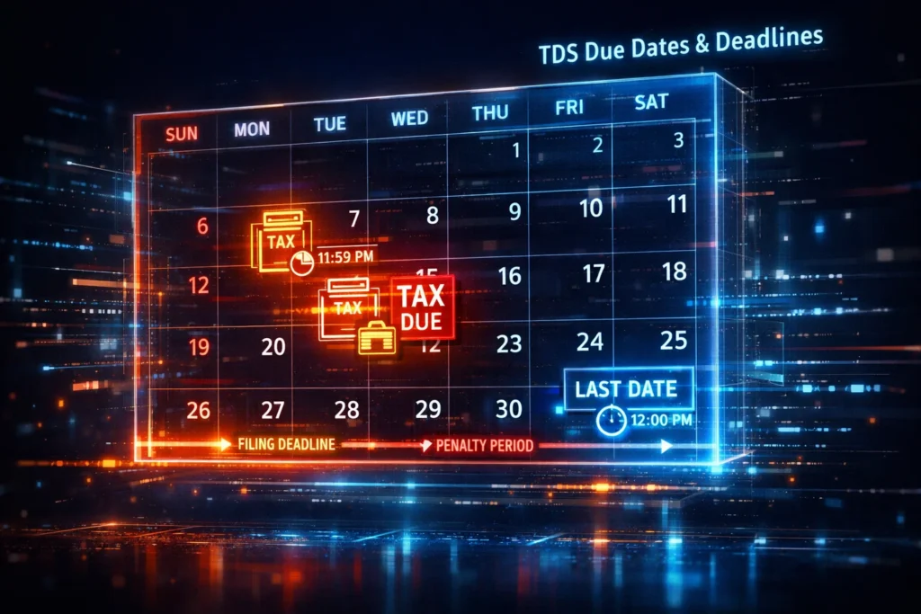 TDS compliance in India 2026 due dates and deadlines shown through futuristic glowing digital calendar interface