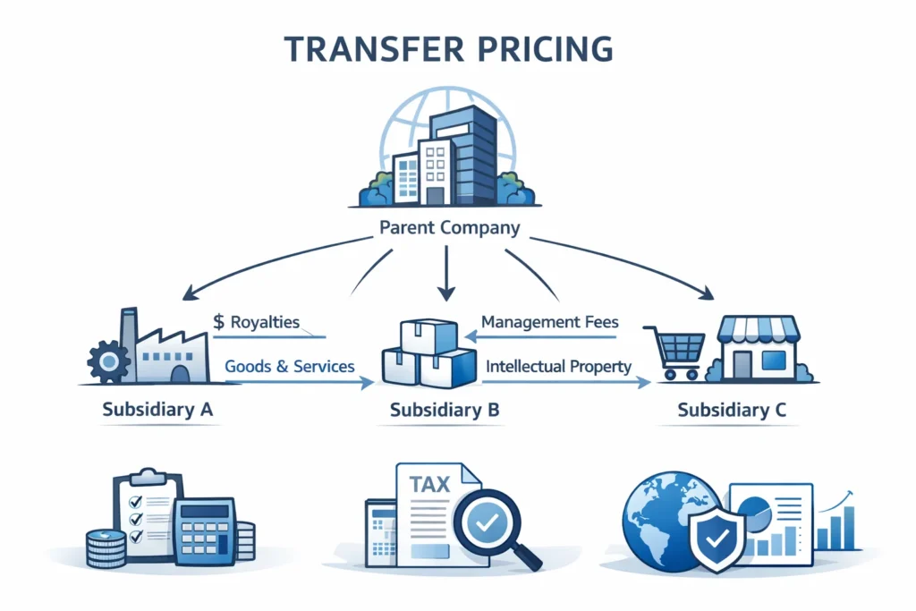 transfer Transfer pricing concept showing inter-company transactions between associated enterprises in multinational corporate structure.