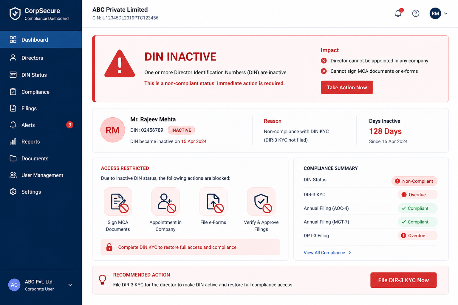 DIN deactivation warning due to DIR-3 KYC non compliance