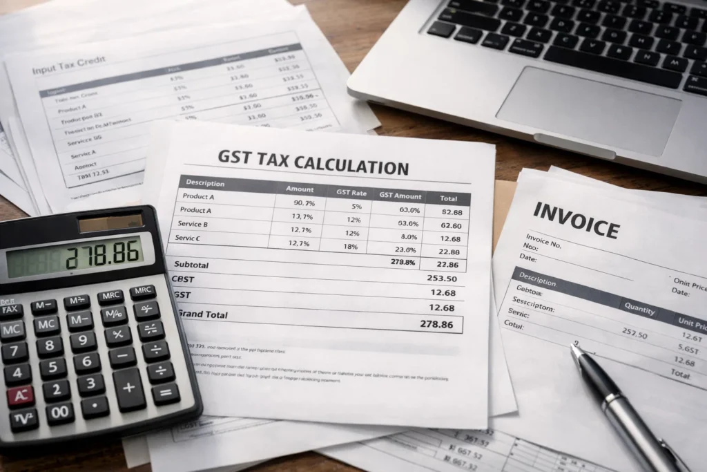 itc Input Tax Credit ITC calculation documents and GST invoices India