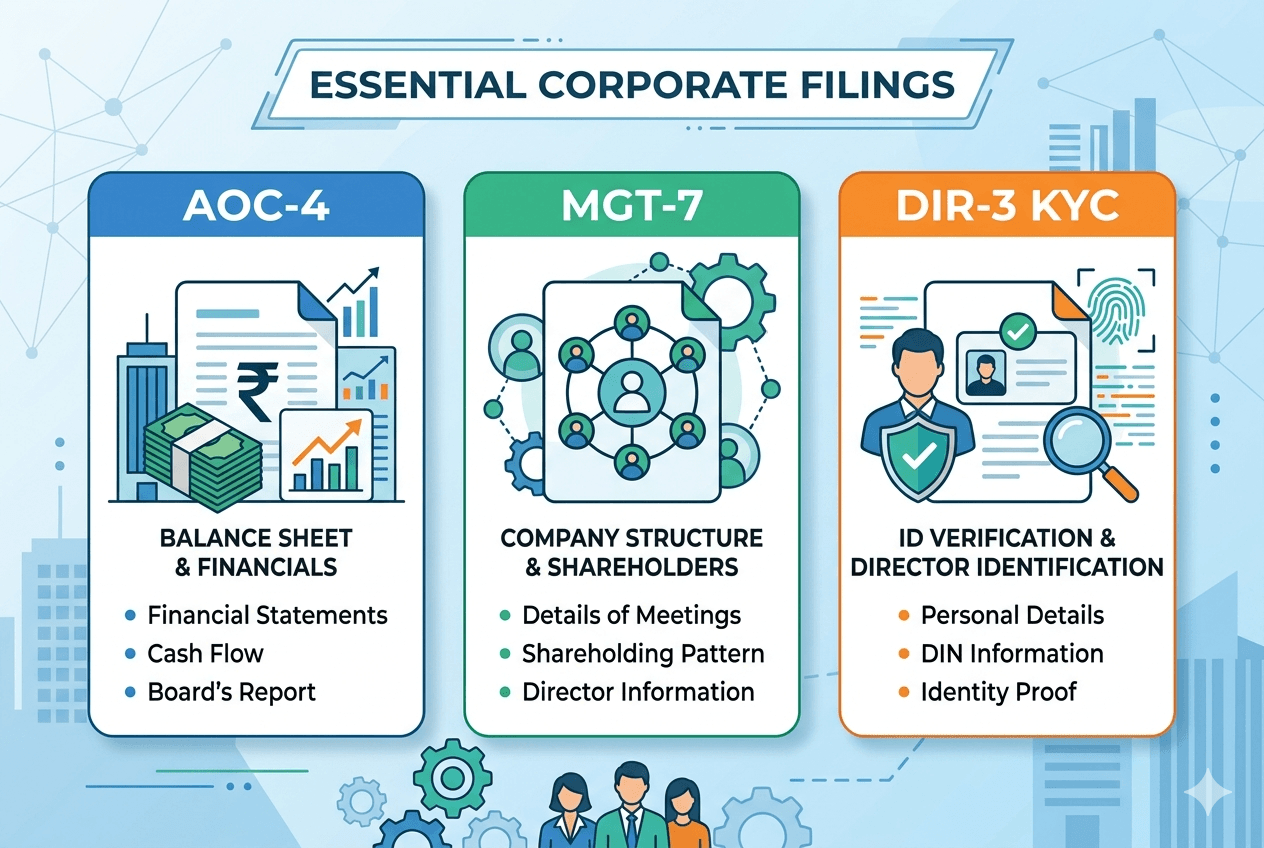 Key ROC filings AOC-4 MGT-7 DIR-3 KYC explained