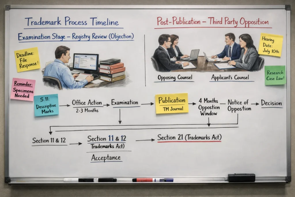 tr1 trademark objection vs trademark opposition process timeline showing examination stage and third party opposition procedure
