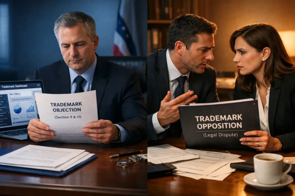 trademark trademark objection vs trademark opposition comparison showing registry review and legal dispute between businesses