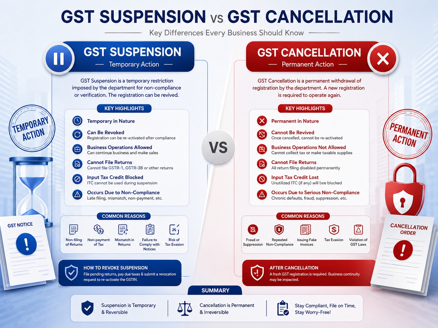 Difference between GST suspension and GST Registration Cancellation in India