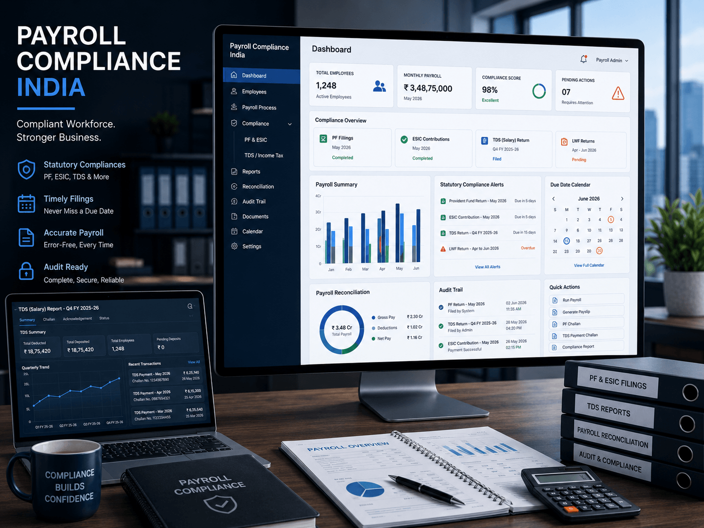 Payroll compliance India dashboard showing PF ESIC TDS compliance workflow