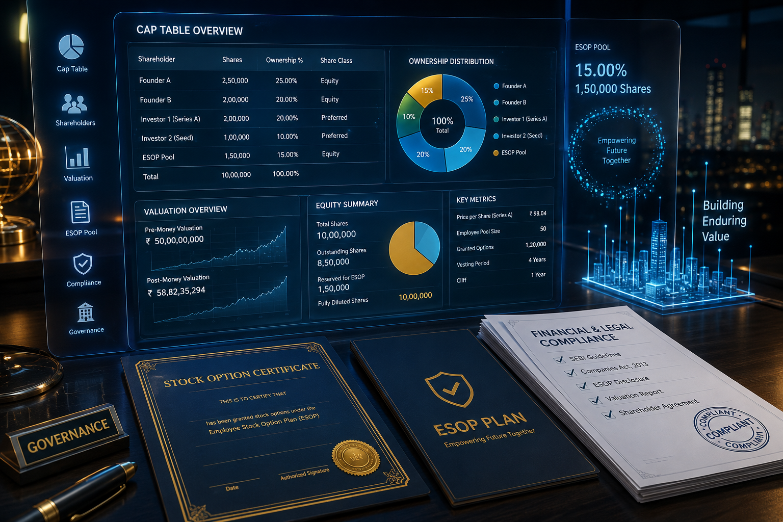ESOPs for startups in India showing ESOP pool, compliance documents and valuation framework