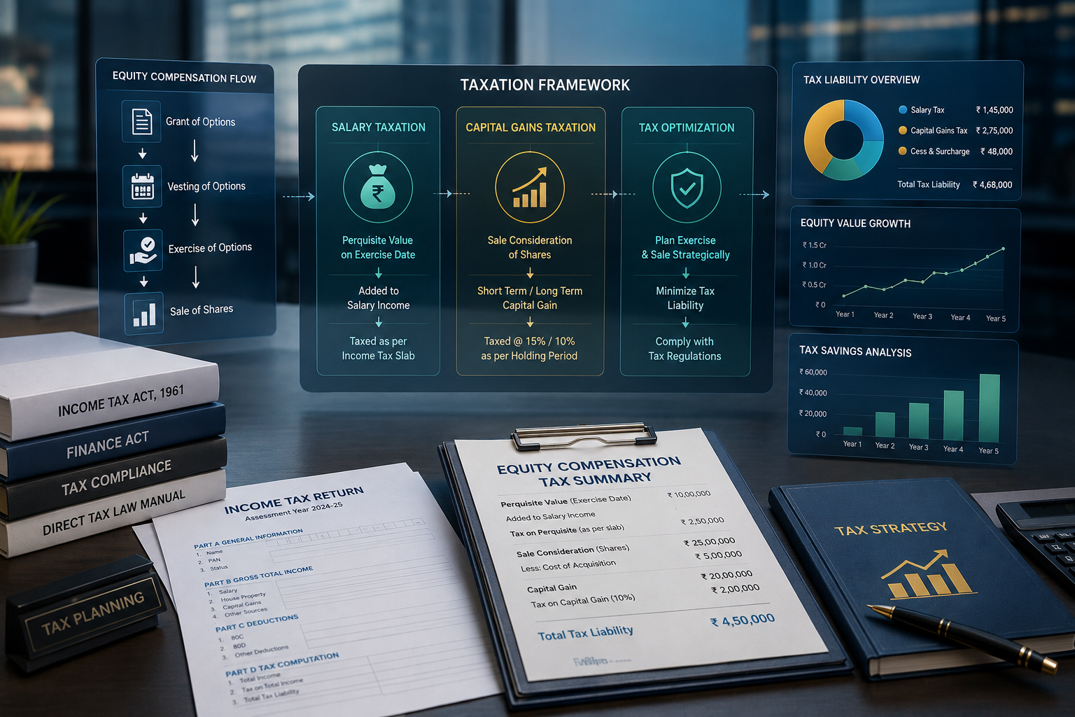 ESOP taxation India framework showing exercise taxation and capital gains taxation