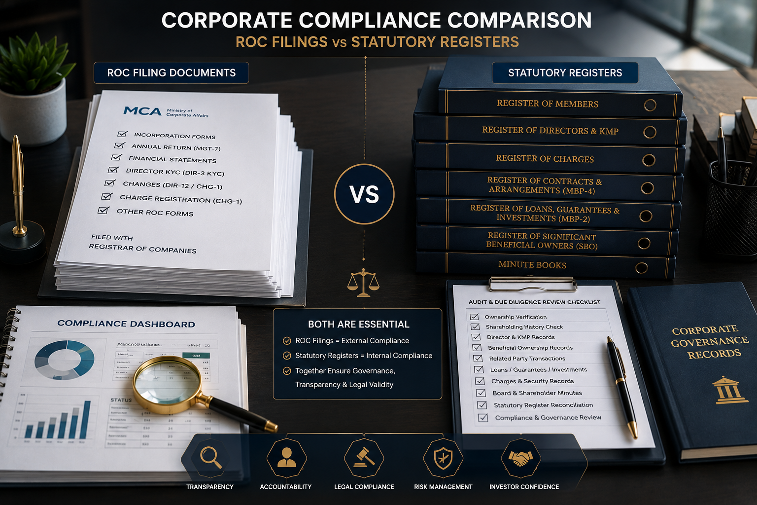 Statutory Registers Under Companies Act compared with ROC filing compliance requirements