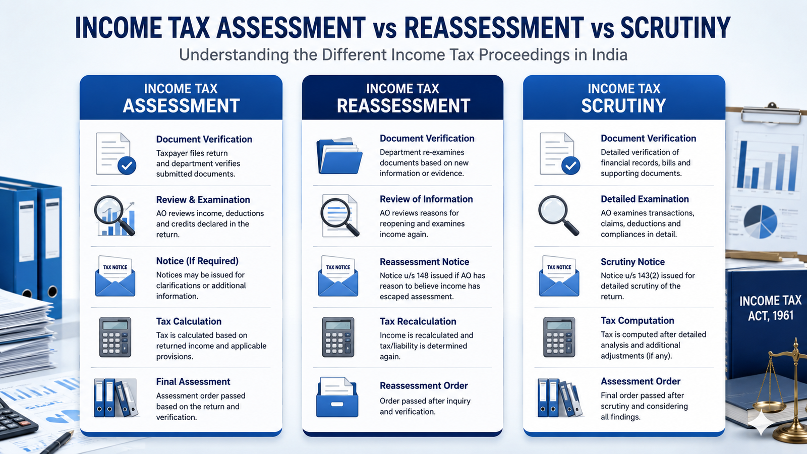 Income Tax Assessment vs Reassessment vs Scrutiny comparison explaining different income tax proceedings in India