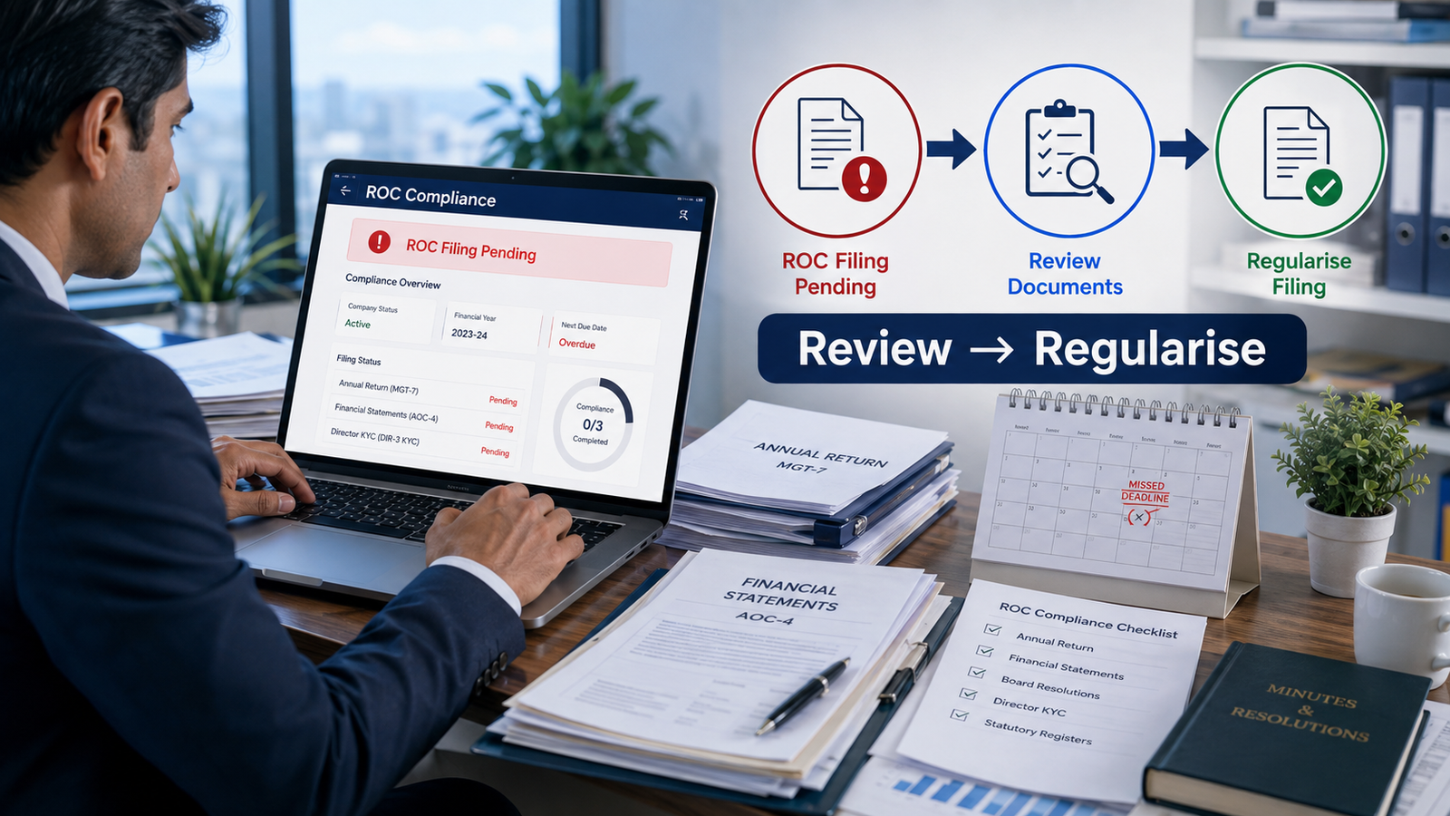 Year-round Annual ROC Compliance workflow for company records, review and ROC filing