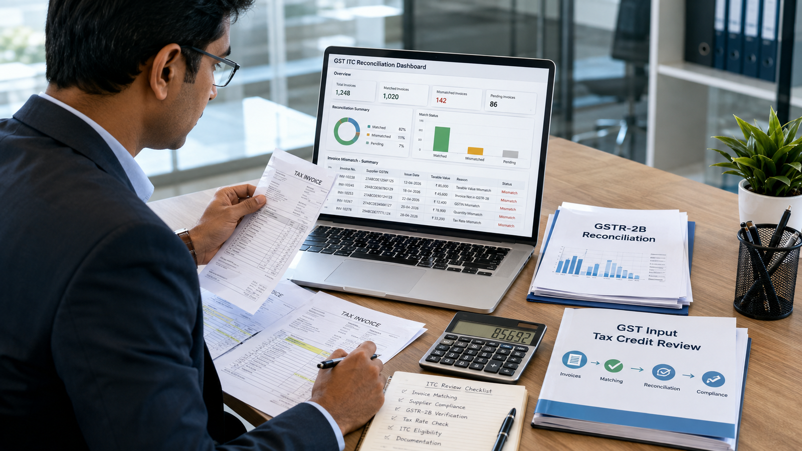 GST Input Tax Credit reconciliation showing invoice verification and GSTR-2B matching for GST compliance